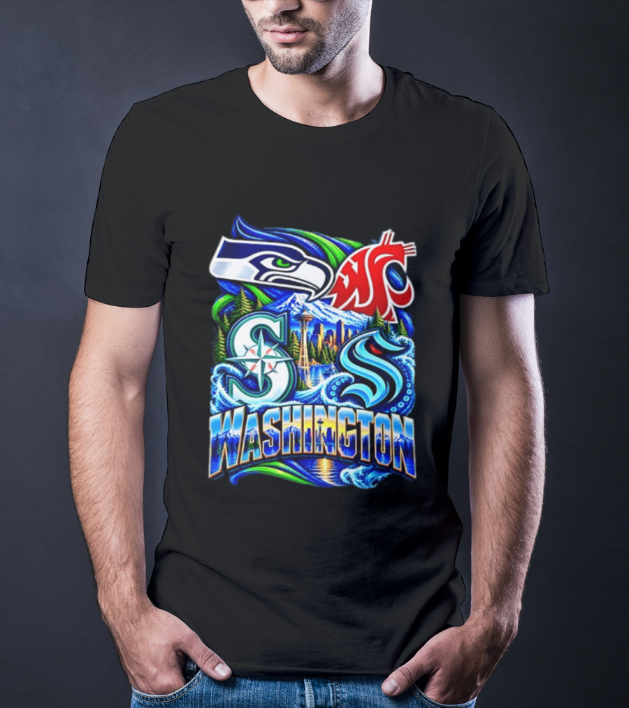 Seattle Seahawks Washington State Cougars Mariners Kraken Washington Skyline T-Shirt
