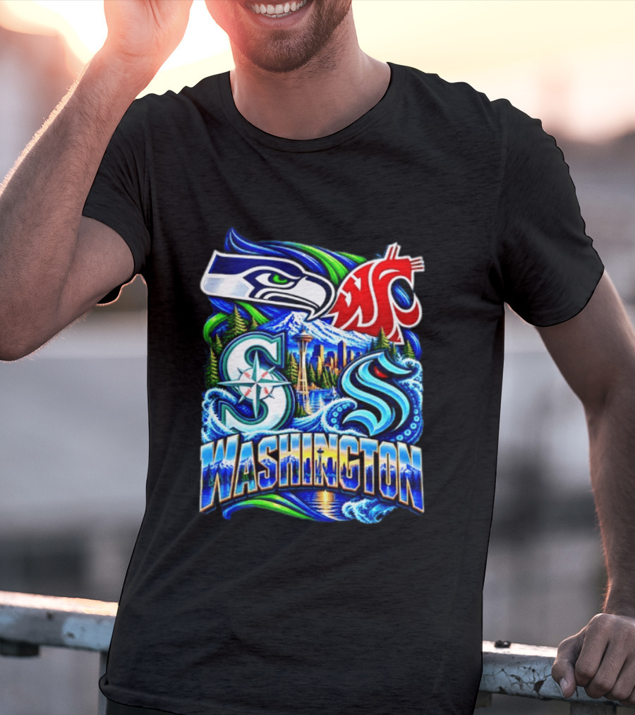 Seattle Seahawks Washington State Cougars Mariners Kraken Washington Skyline T-Shirt