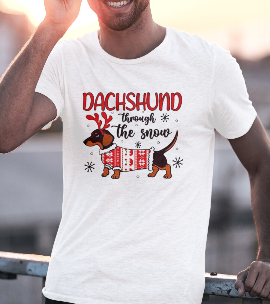 Dachshund Through The Snow Christmas Dog Lover Reindeer Antlers Winter Holiday Sweater T-Shirt