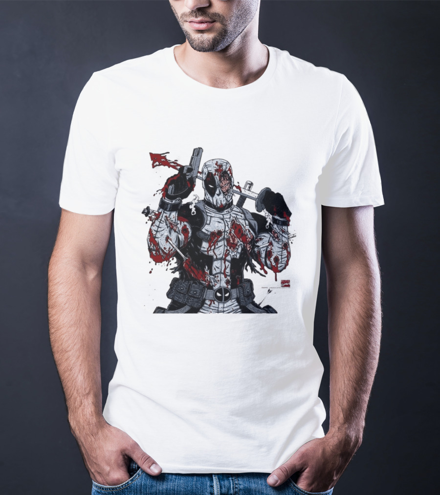 Deadpool Battle Damaged Bloody Swords Katana Gunner Comics Hero T-Shirt