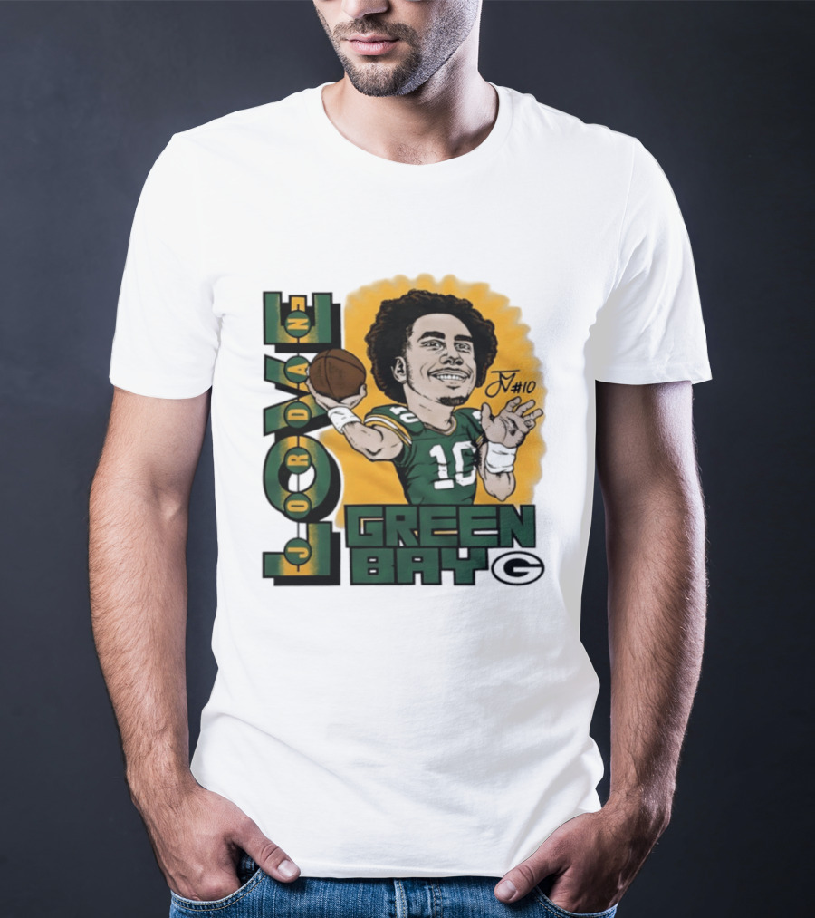 Green Bay Packers Jordan Love Caricature Player Number 10 Football T-Shirt