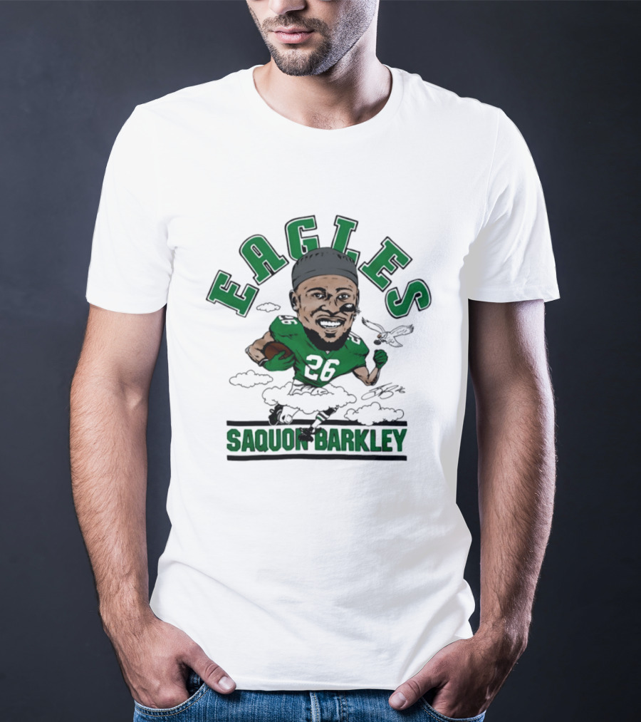 Eagles Saquon Barkley 26 Caricature Player Running Clouds T-Shirt