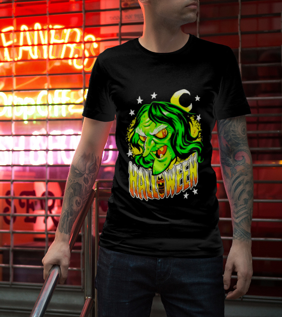 Halloween Witch Green Face Crescent Moon And Stars T-Shirt