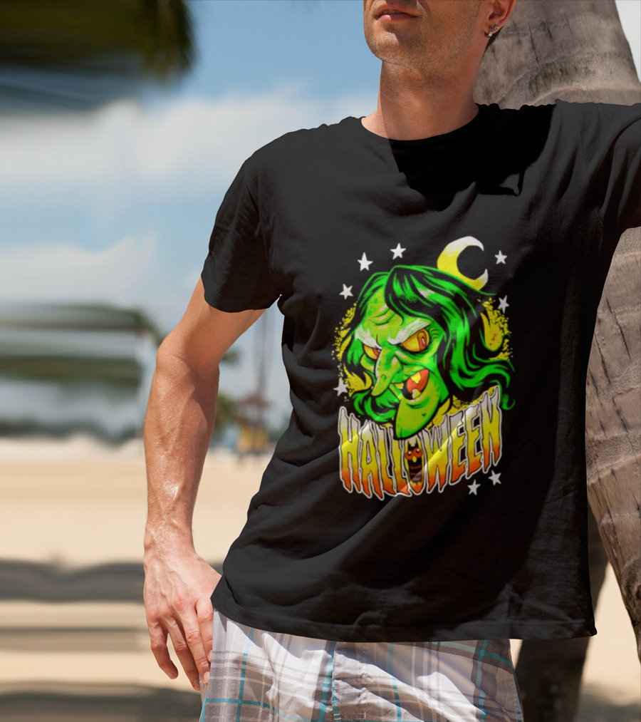 Halloween Witch Green Face Crescent Moon And Stars T-Shirt