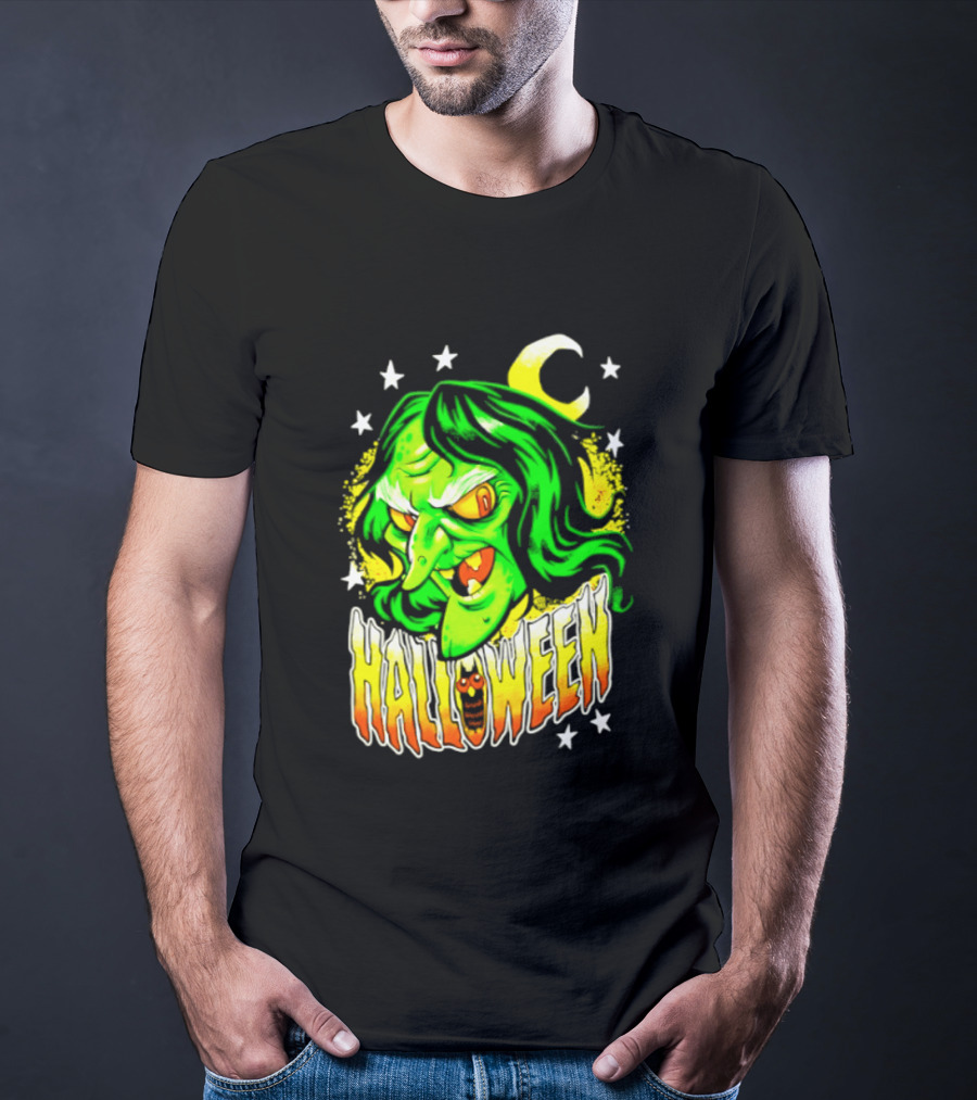 Halloween Witch Green Face Crescent Moon And Stars T-Shirt
