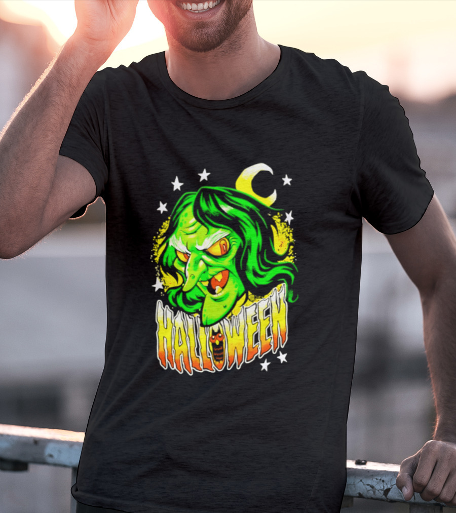 Halloween Witch Green Face Crescent Moon And Stars T-Shirt