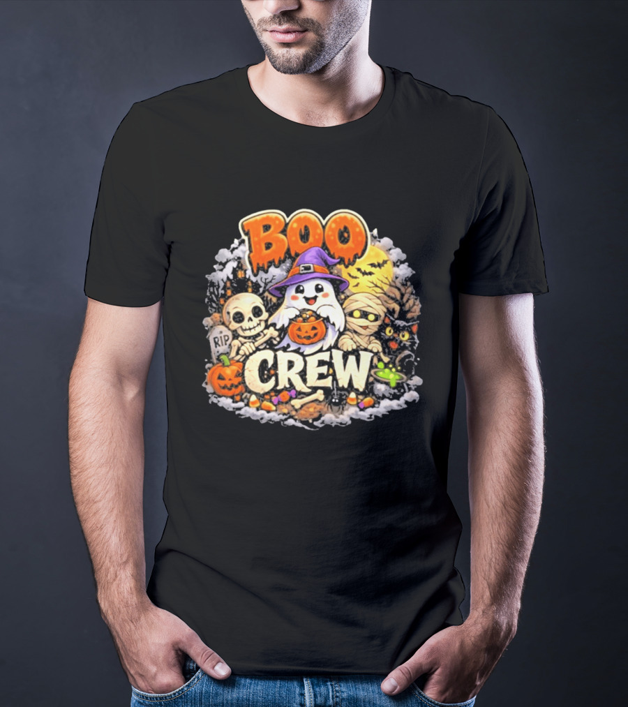 Boo Crew Ghost Halloween Skeleton Mummy Black Cat Pumpkin T-Shirt