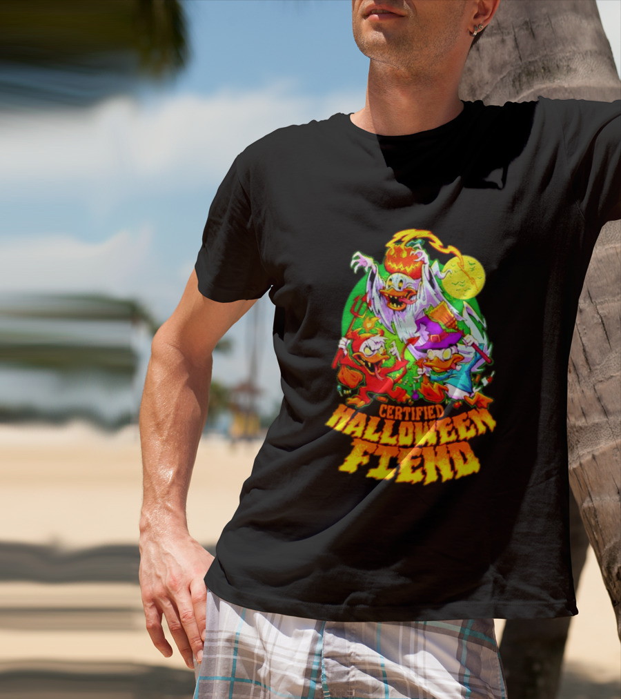 Certified Halloween Fiend Donald Duck Huey Dewey Louie Ghost Witch Devil Moon Scene T-Shirt