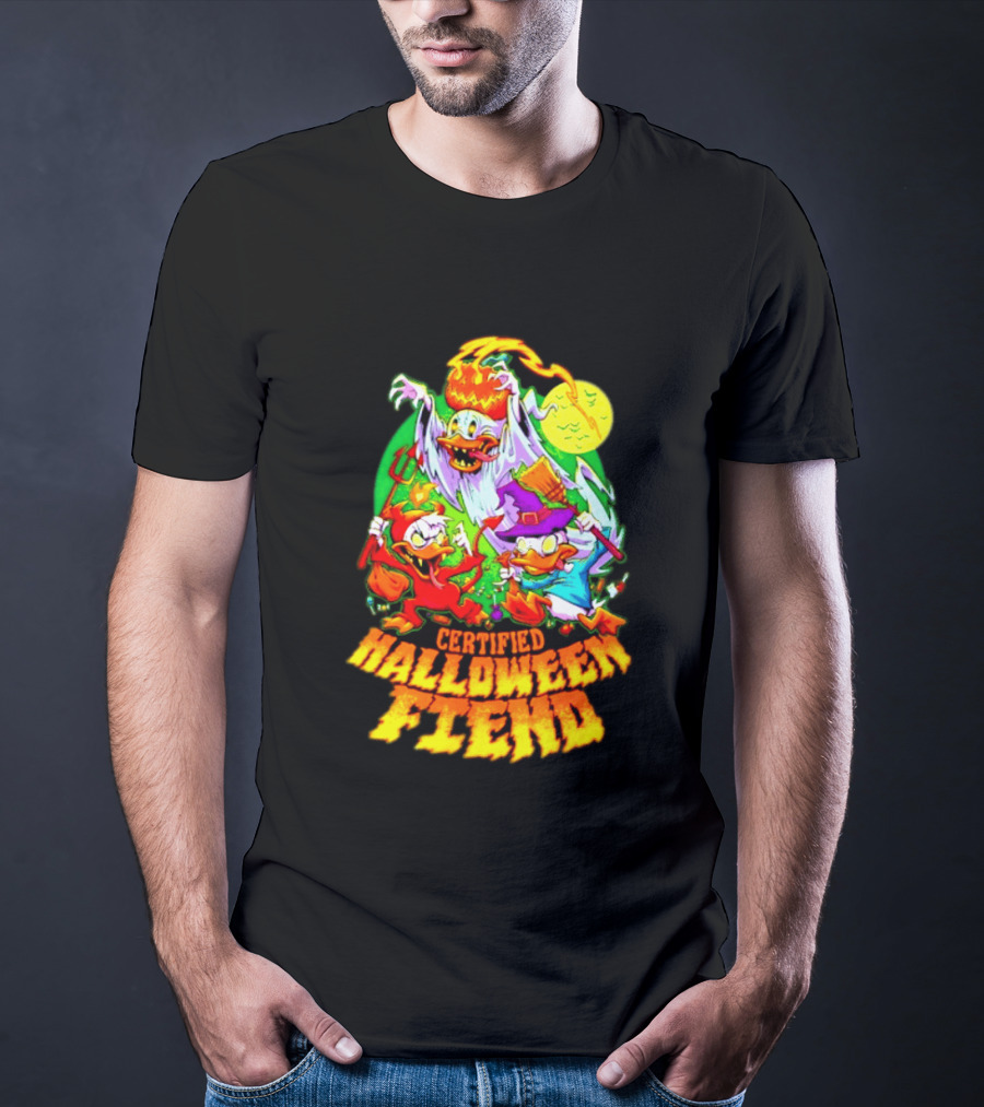 Certified Halloween Fiend Donald Duck Huey Dewey Louie Ghost Witch Devil Moon Scene T-Shirt