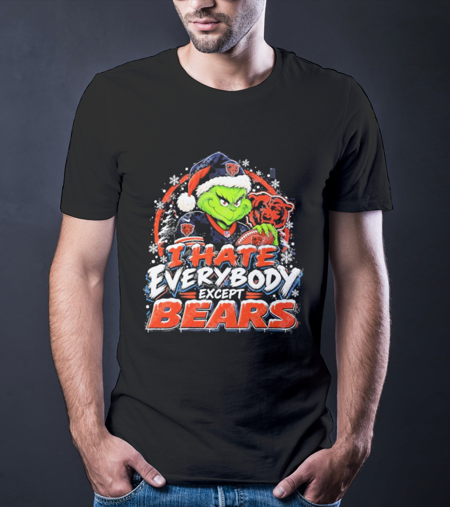 Chicago Bears Grinch I Hate Everybody Except Bears Fans Christmas Holiday T-Shirt