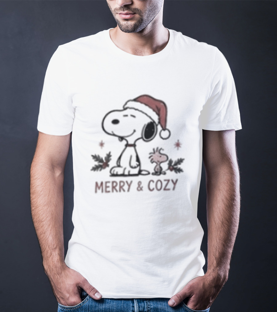Merry & Cozy Snoopy Christmas Club Holiday Santa Hat And Holly T-Shirt