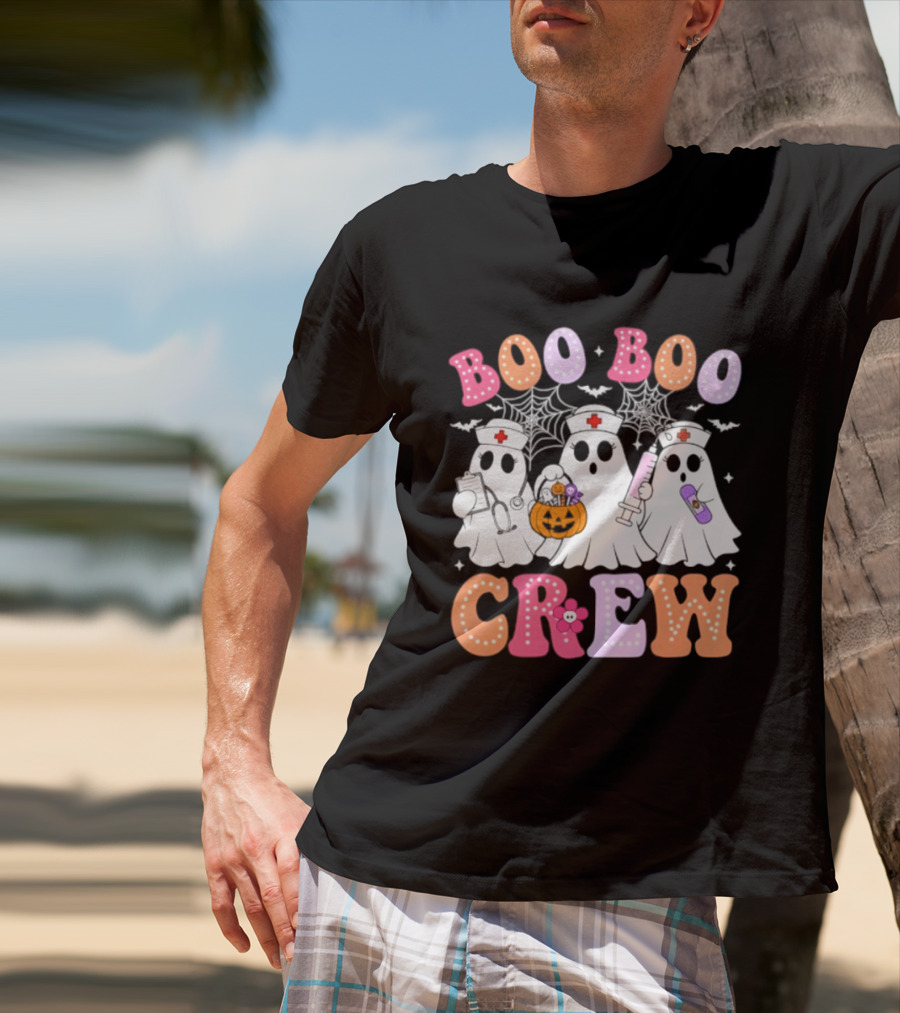 Boo Boo Crew Ghost Nurse Halloween Spooky Pumpkins And Webs T-Shirt