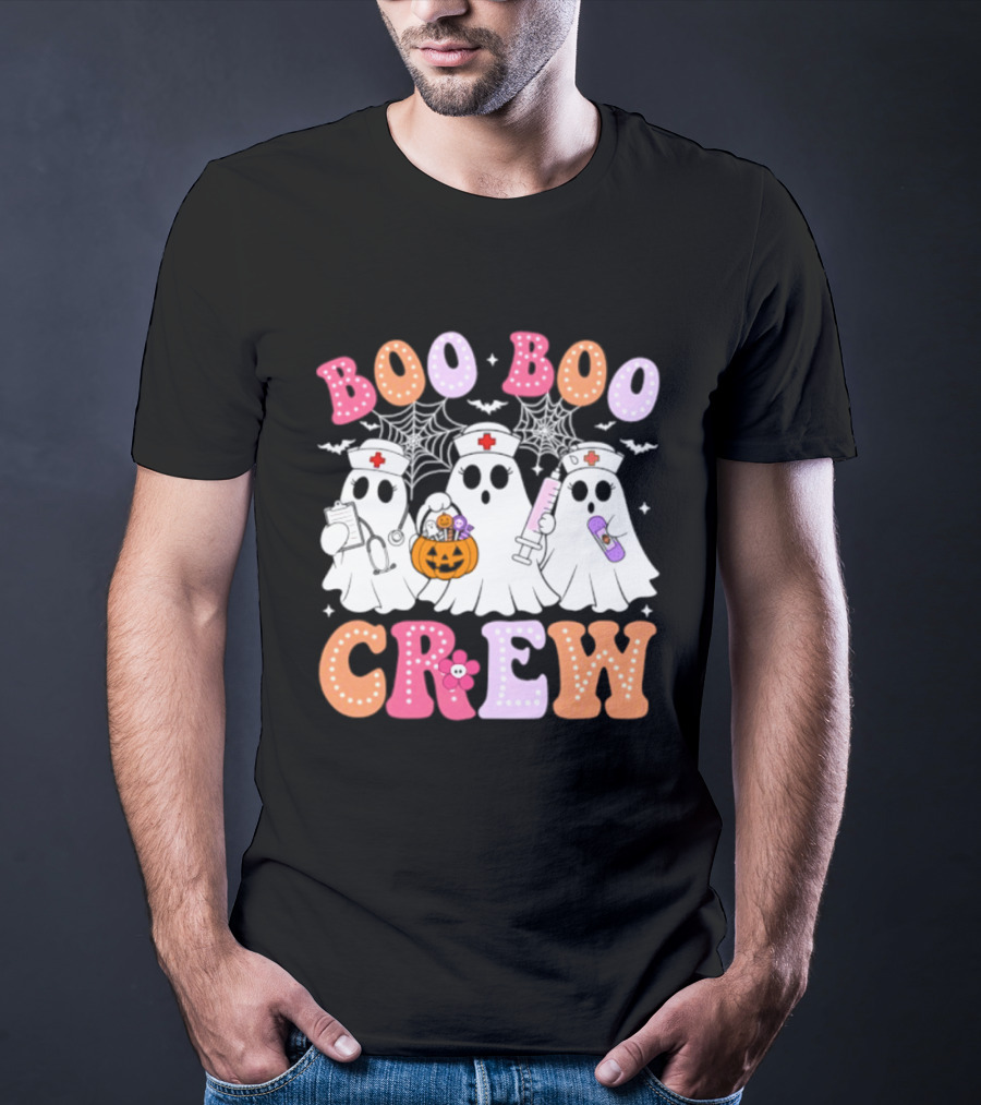 Boo Boo Crew Ghost Nurse Halloween Spooky Pumpkins And Webs T-Shirt
