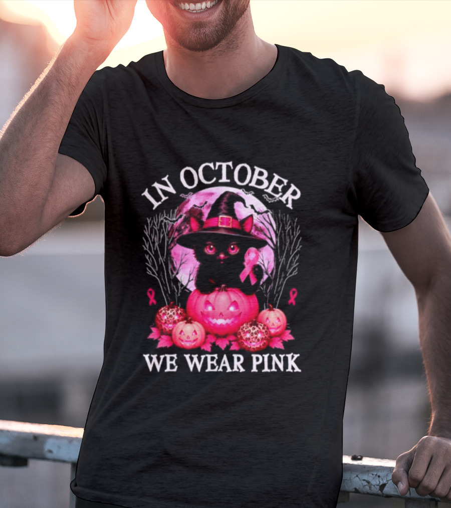 In October We Wear Pink Cat Witch Breast Cancer Awareness Halloween T-Shirt