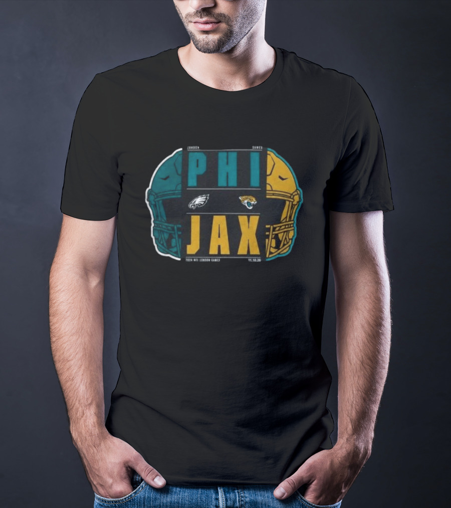 Jacksonville Jaguars Vs Philadelphia Eagles 2026 London Game International City Matchup Football Helmets Logos T-Shirt