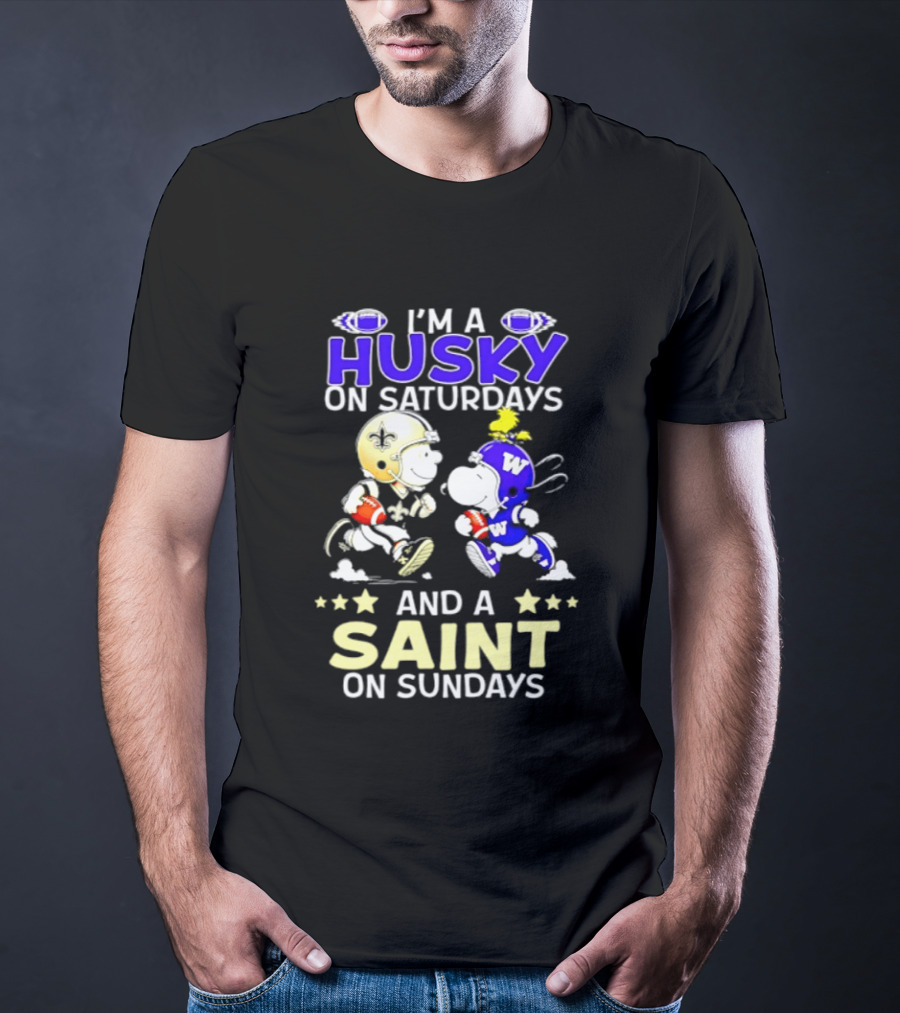 Peanuts I'm A Husky On Saturdays And A Saint On Sundays Football Charlie Brown Snoopy T-Shirt