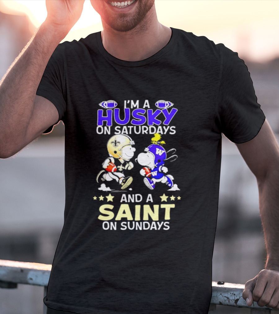 Peanuts I'm A Husky On Saturdays And A Saint On Sundays Football Charlie Brown Snoopy T-Shirt