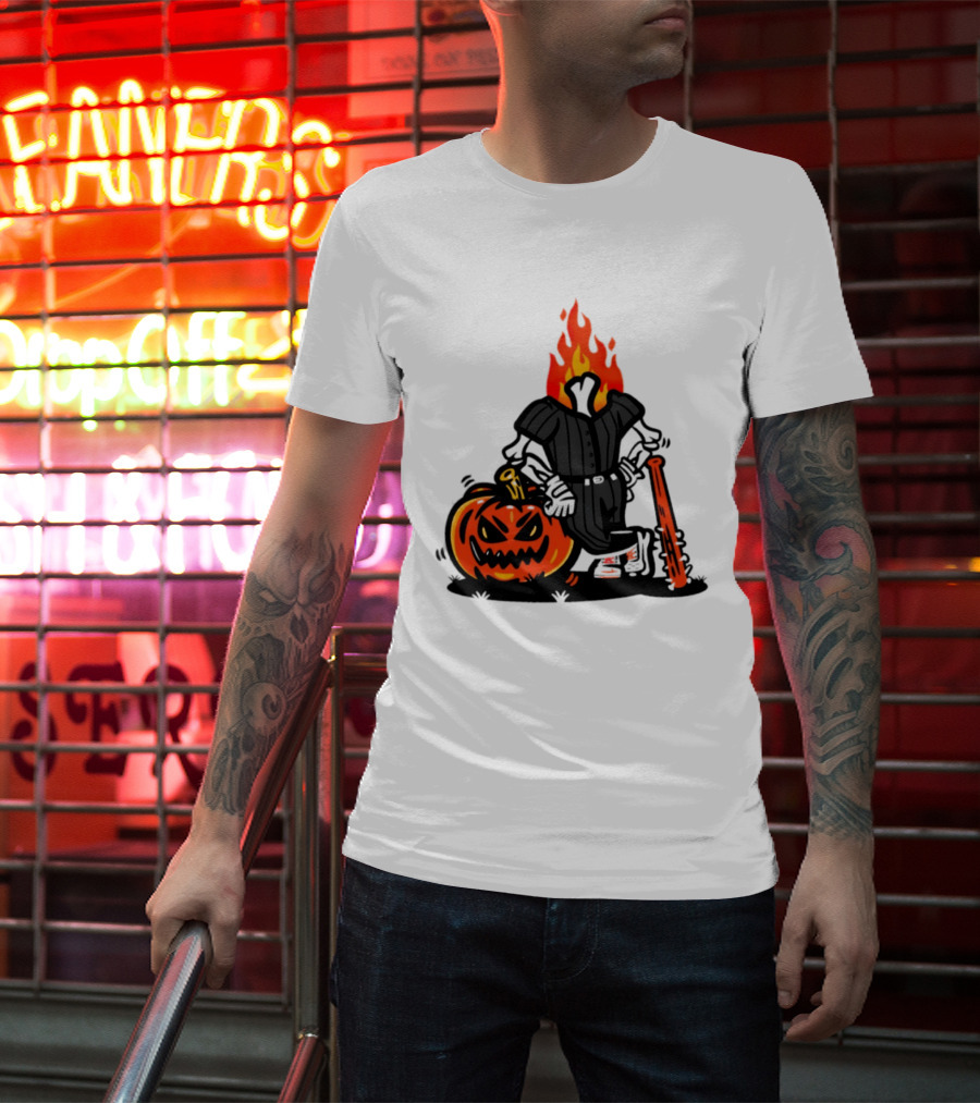 Flaming Pumpkin Head Baseball Player 2026 Halloween T-Shirt