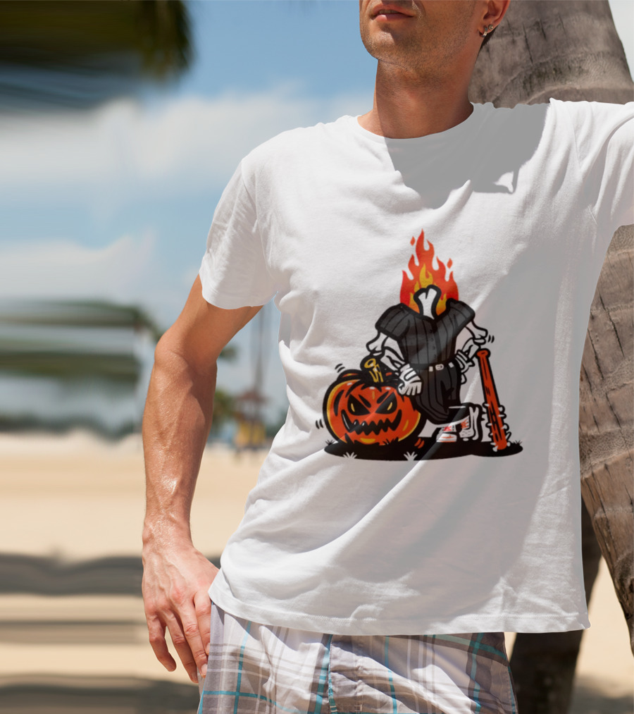 Flaming Pumpkin Head Baseball Player 2026 Halloween T-Shirt