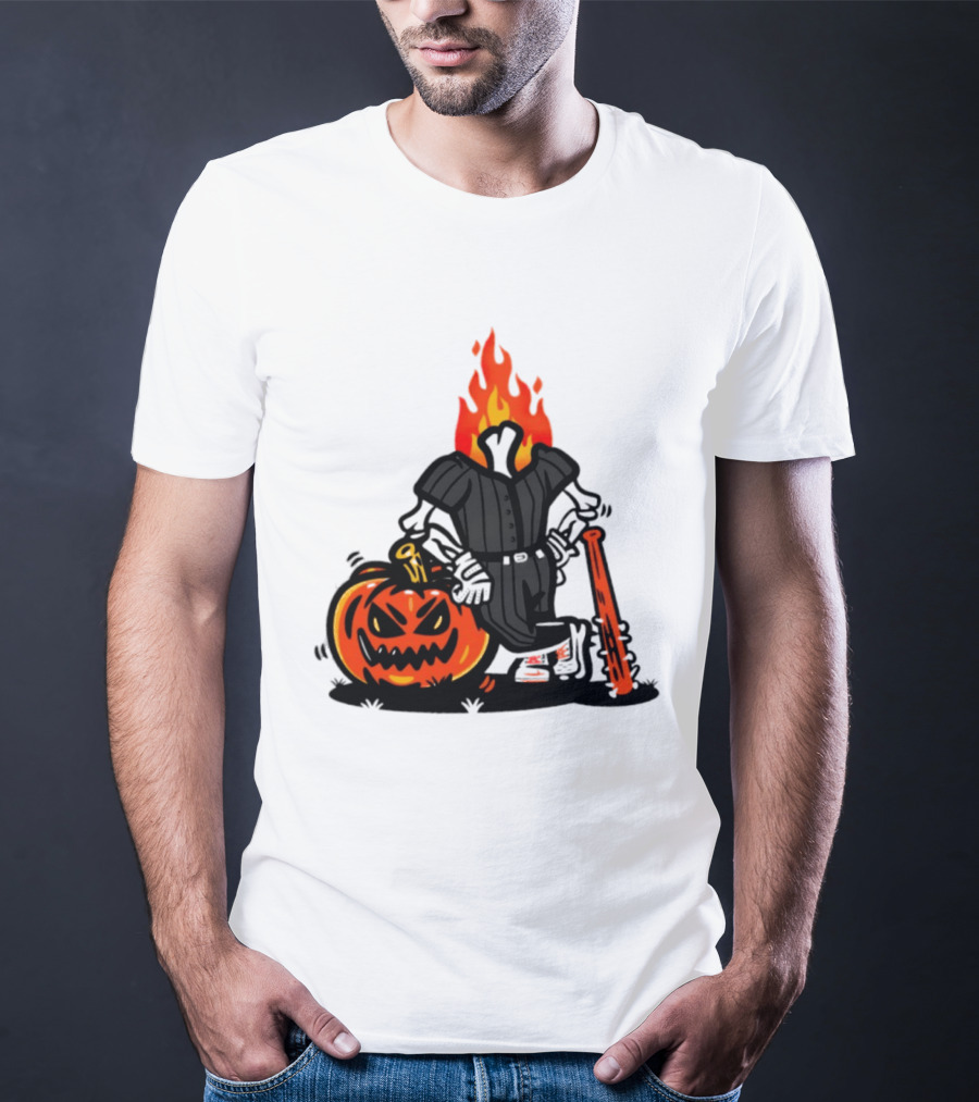 Flaming Pumpkin Head Baseball Player 2026 Halloween T-Shirt