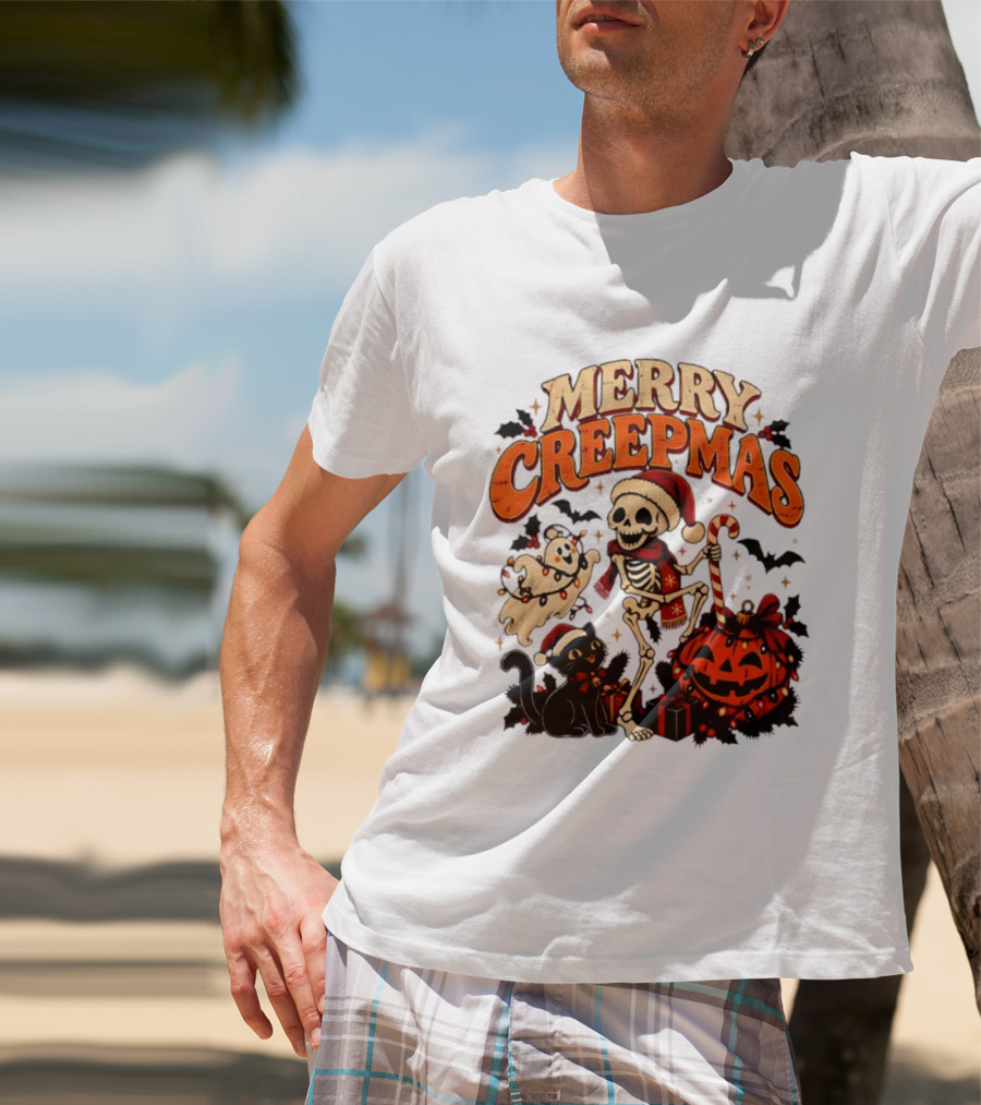 Merry Creepmas Skeleton Ghost Black Cat Pumpkin Holiday Scene T-Shirt