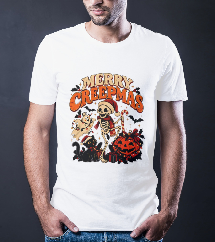 Merry Creepmas Skeleton Ghost Black Cat Pumpkin Holiday Scene T-Shirt