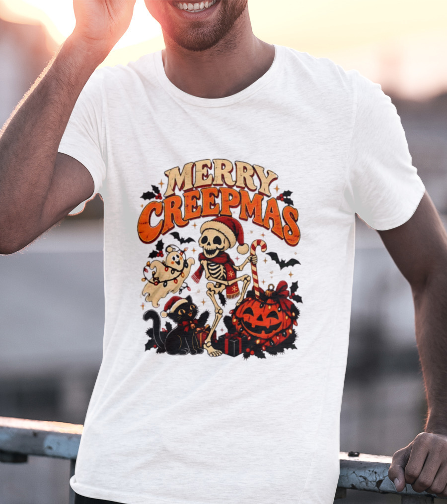 Merry Creepmas Skeleton Ghost Black Cat Pumpkin Holiday Scene T-Shirt