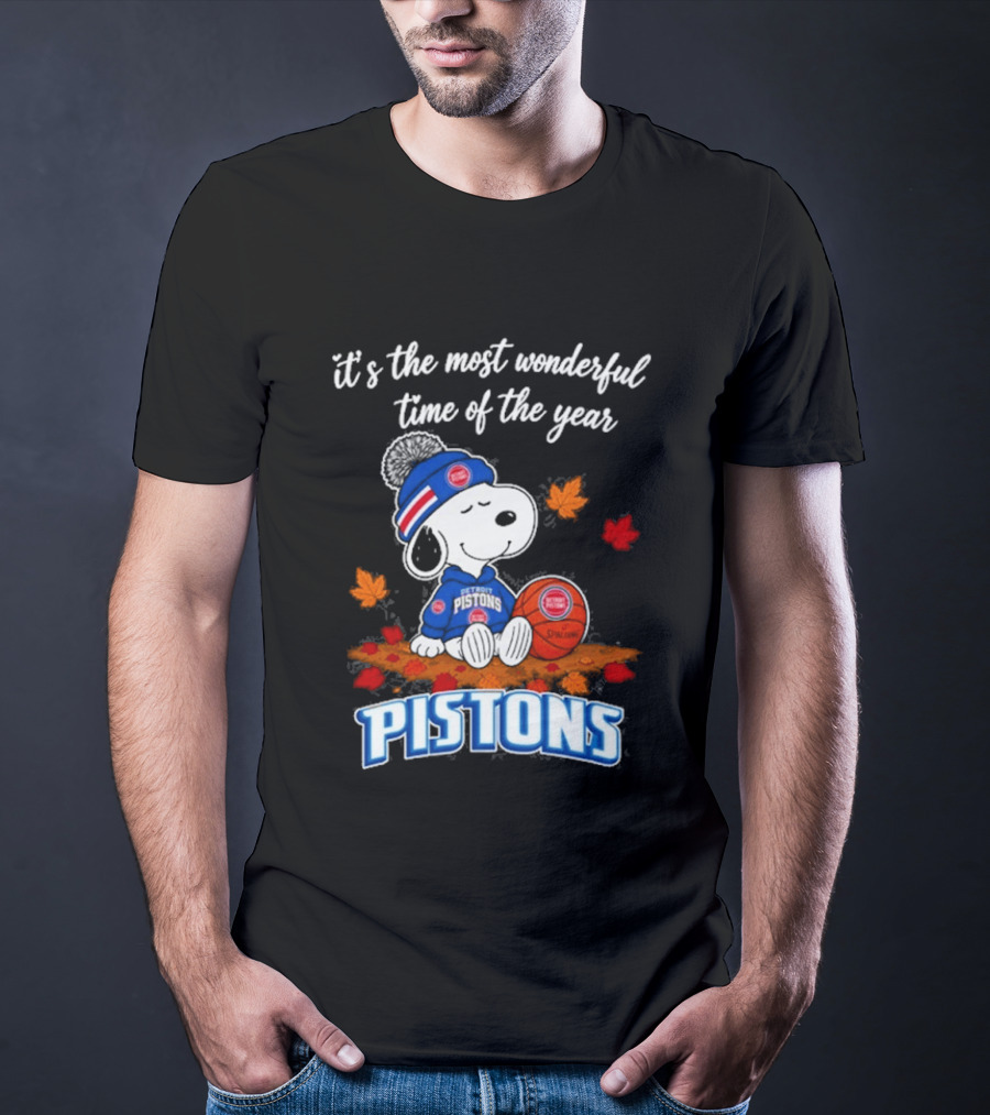 Detroit Pistons Snoopy Autumn Football It's The Most Wonderful Time Of The Year T-Shirt
