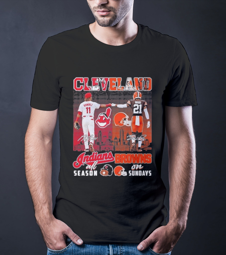 Cleveland José Ramírez Fist Bump Denzel Ward Indians All Season Browns On Sundays City Skyline T-Shirt
