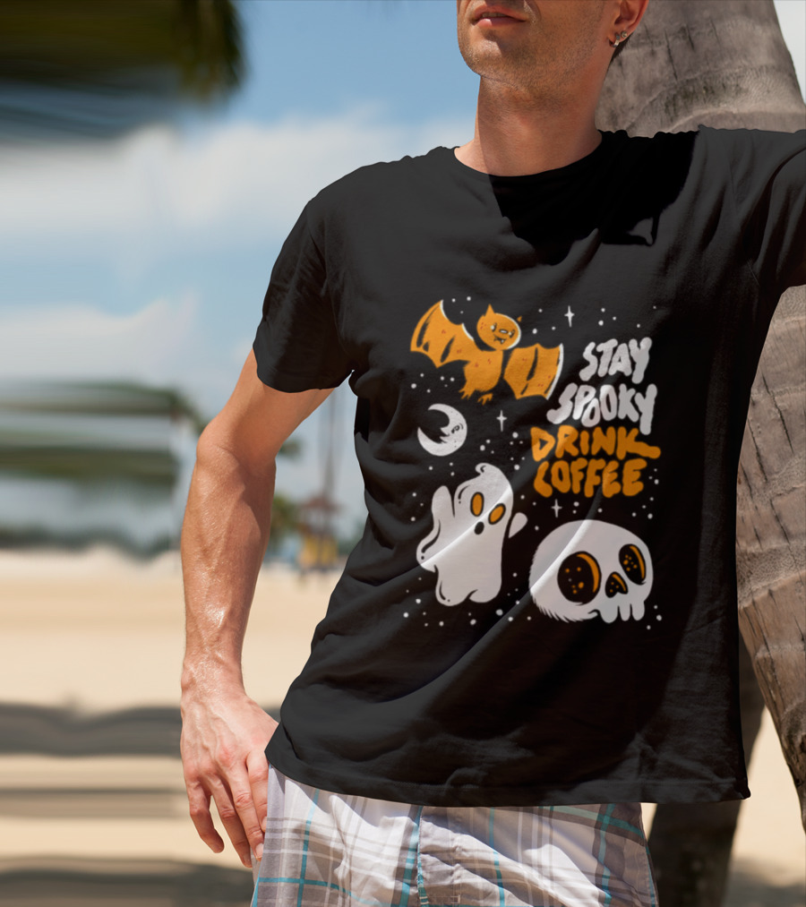 Stay Spooky Drink Coffee Halloween Ghost With Bat Skull And Moon T-Shirt