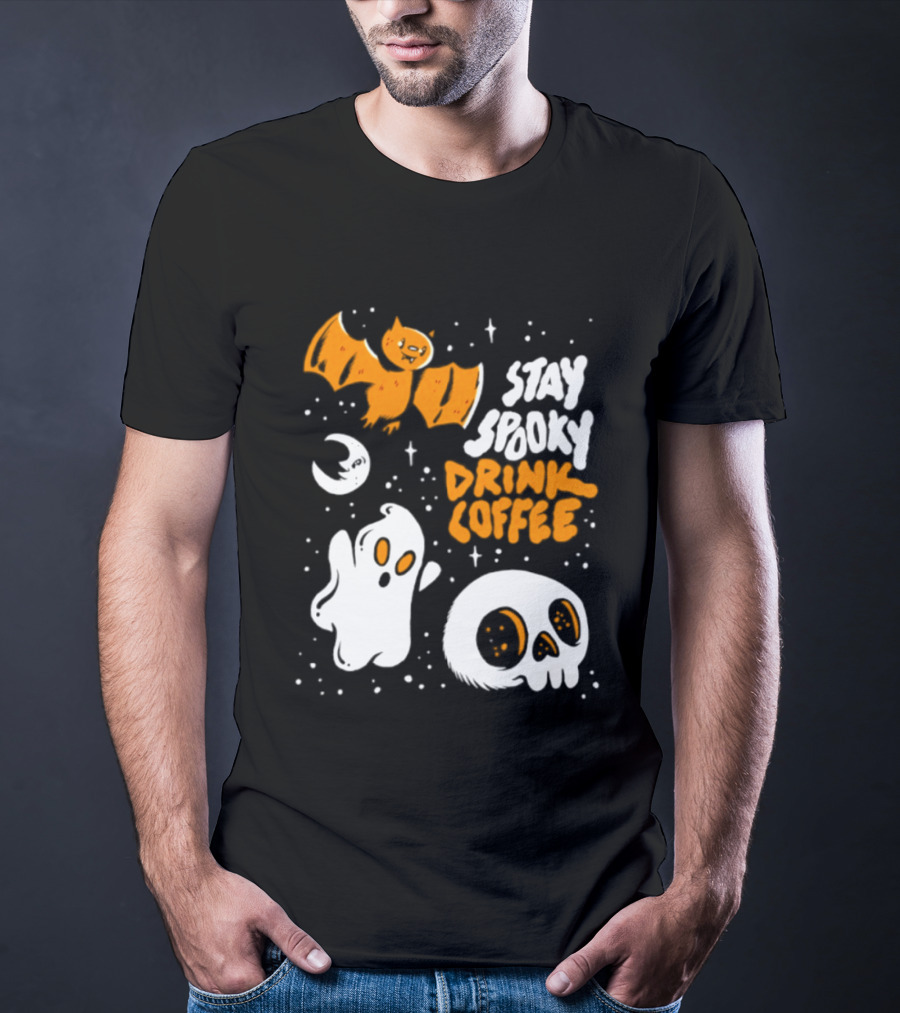 Stay Spooky Drink Coffee Halloween Ghost With Bat Skull And Moon T-Shirt