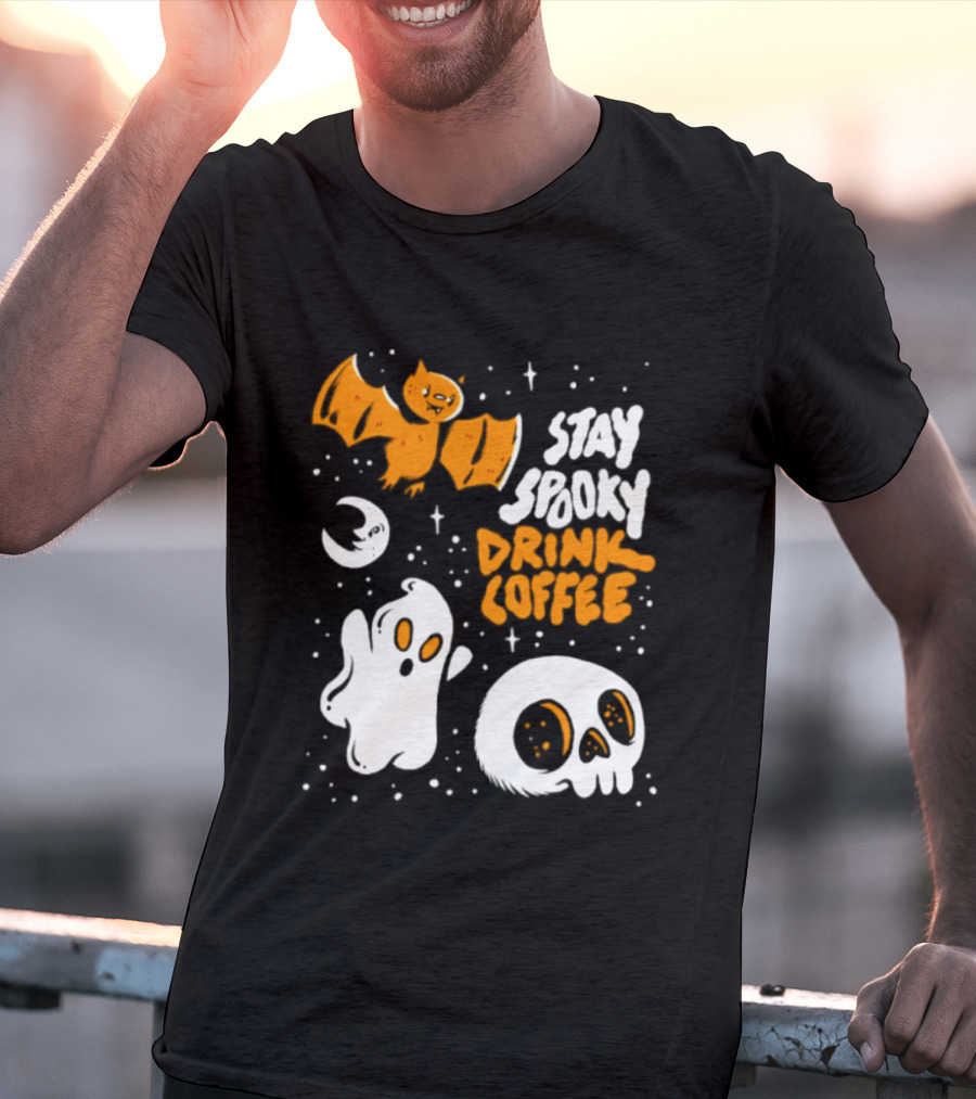 Stay Spooky Drink Coffee Halloween Ghost With Bat Skull And Moon T-Shirt