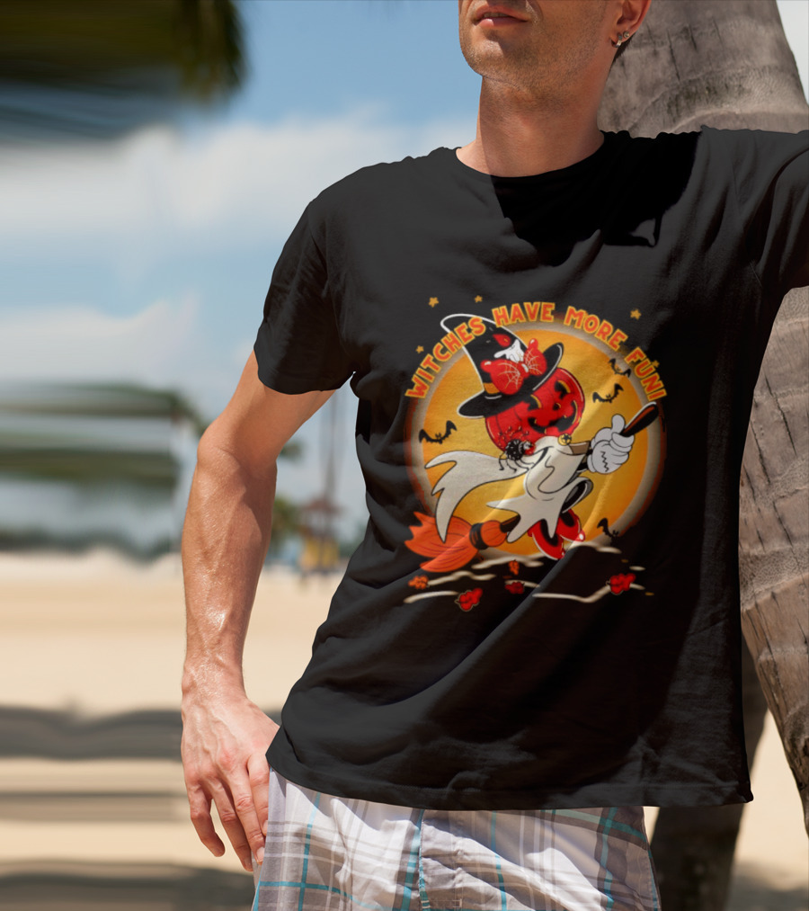 Witches Have More Fun Pumpkin Witch Riding Broomstick Halloween Magic T-Shirt