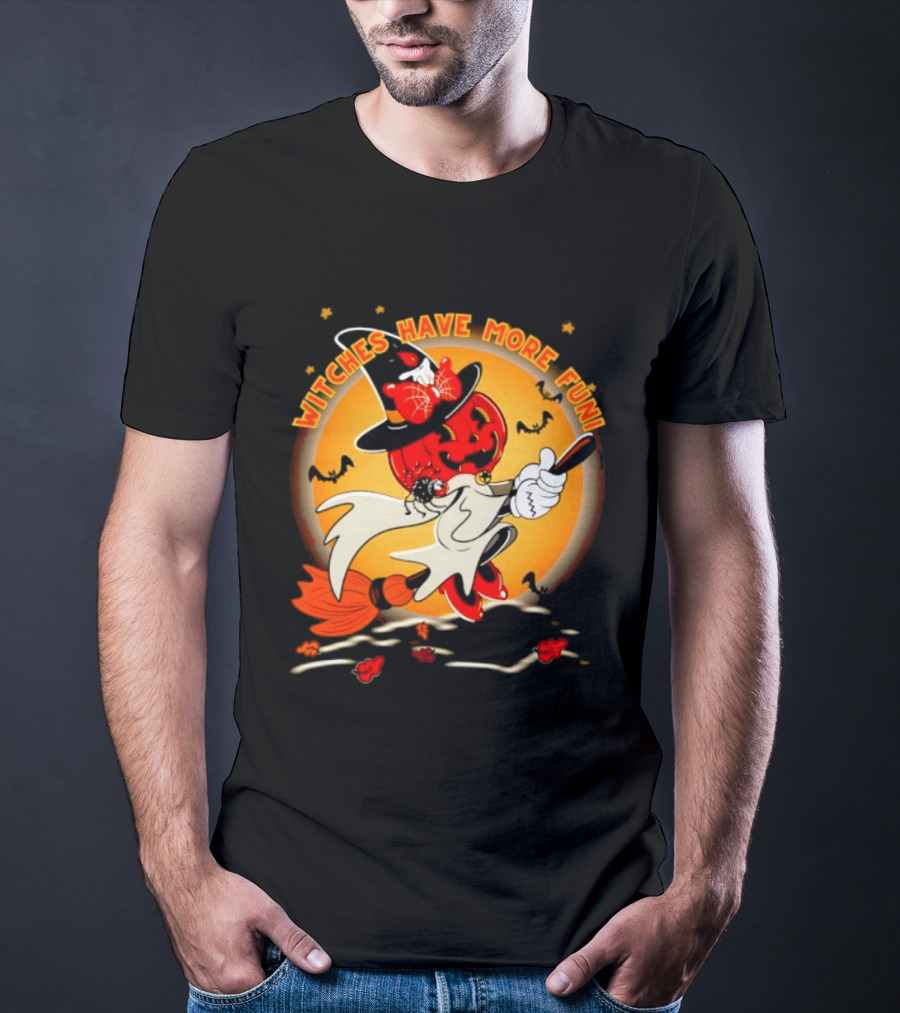Witches Have More Fun Pumpkin Witch Riding Broomstick Halloween Magic T-Shirt