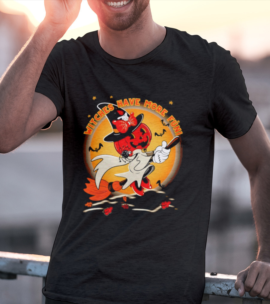 Witches Have More Fun Pumpkin Witch Riding Broomstick Halloween Magic T-Shirt