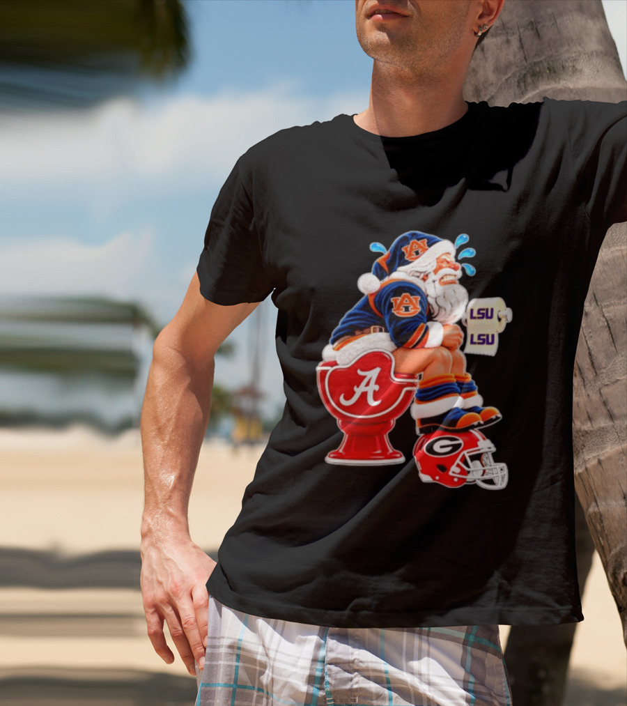 Auburn Santa On Alabama Crimson Tide Toilet With LSU Paper Georgia Bulldogs Helmet Football Humor T-Shirt