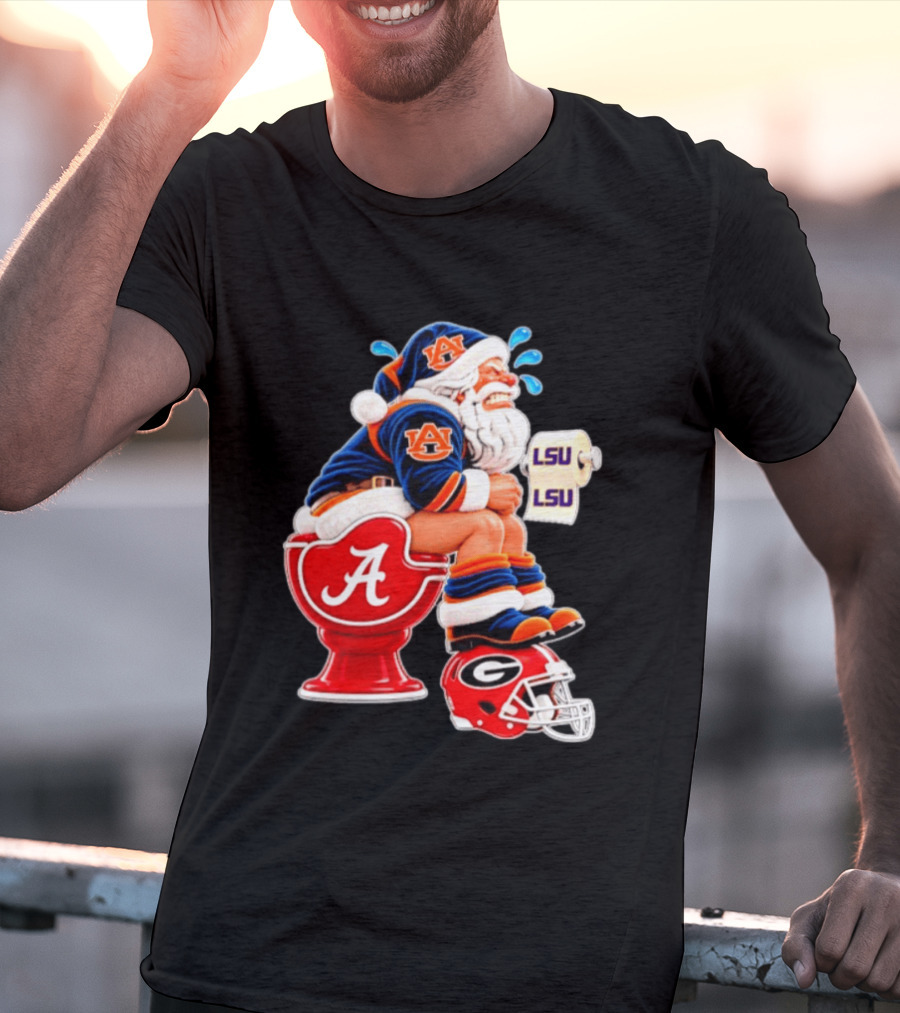 Auburn Santa On Alabama Crimson Tide Toilet With LSU Paper Georgia Bulldogs Helmet Football Humor T-Shirt