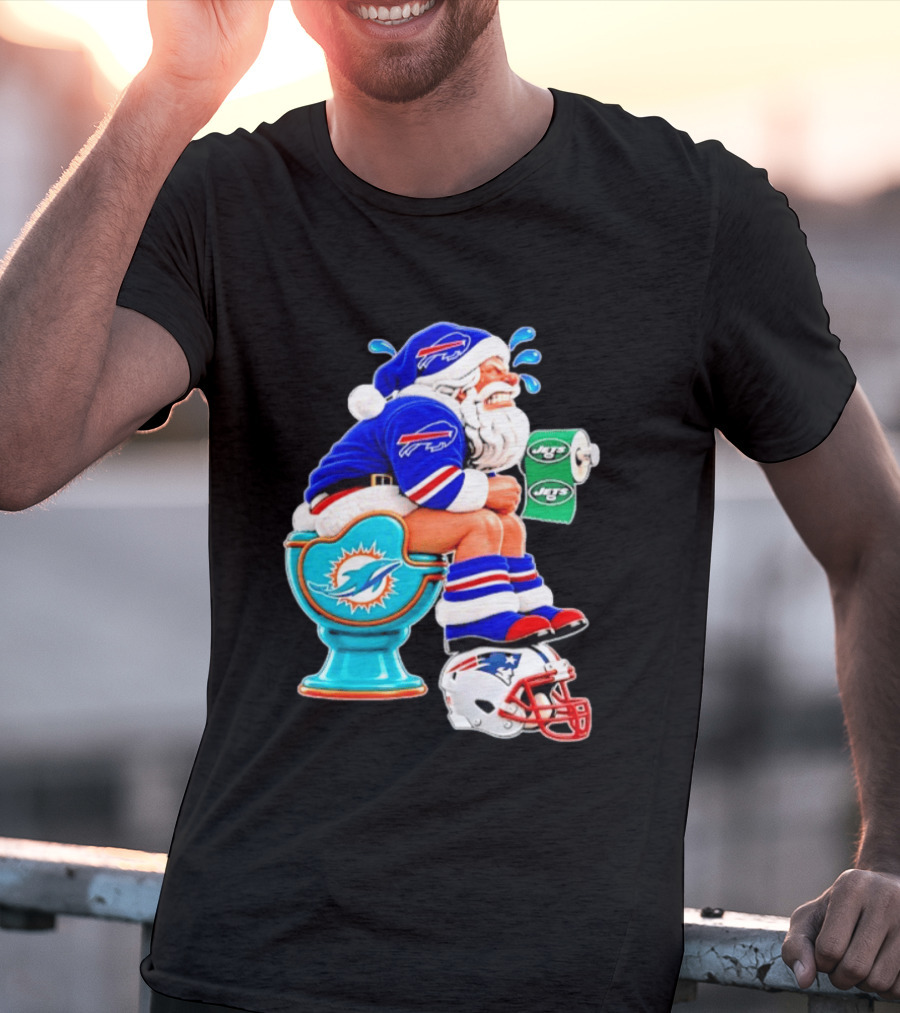 Buffalo Bills Santa On Miami Dolphins Toilet With NY Jets Paper And Patriots Helmet T-Shirt