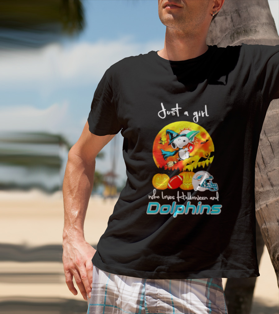 Just A Girl Who Loves Halloween And Miami Dolphins Snoopy Woodstock Pumpkin Football T-Shirt