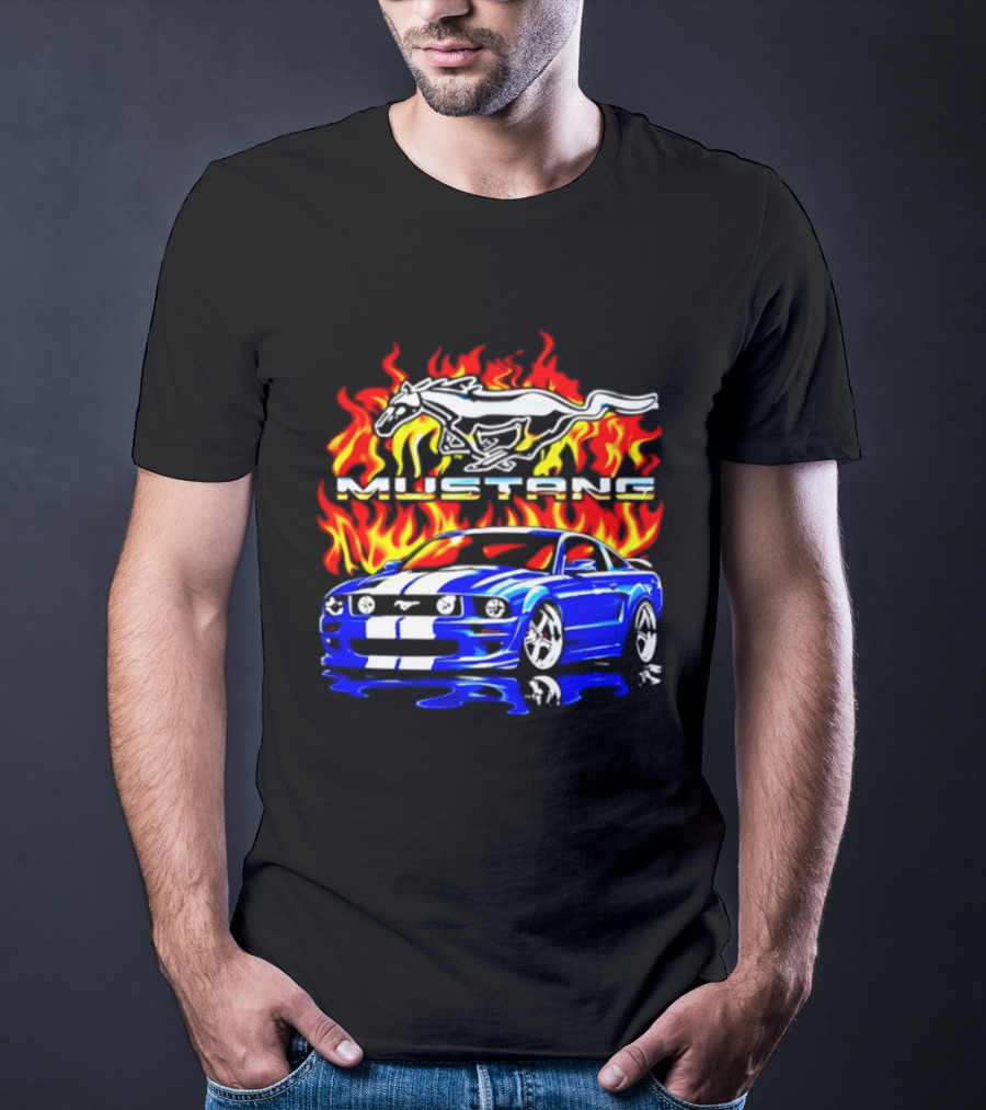 Mustang Blue Car With Flaming Horse And Fire T-Shirt