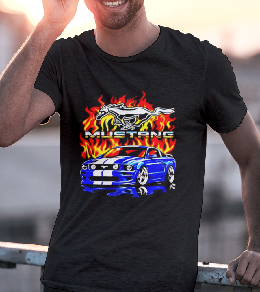 Mustang Blue Car With Flaming Horse And Fire T-Shirt