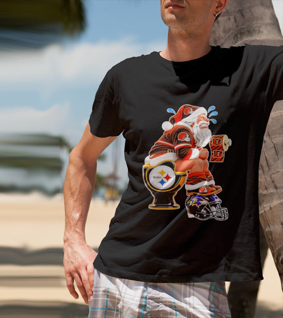 Santa Claus Cleveland Browns Toilet Sitting Steelers Ravens Bengals Meme T-Shirt