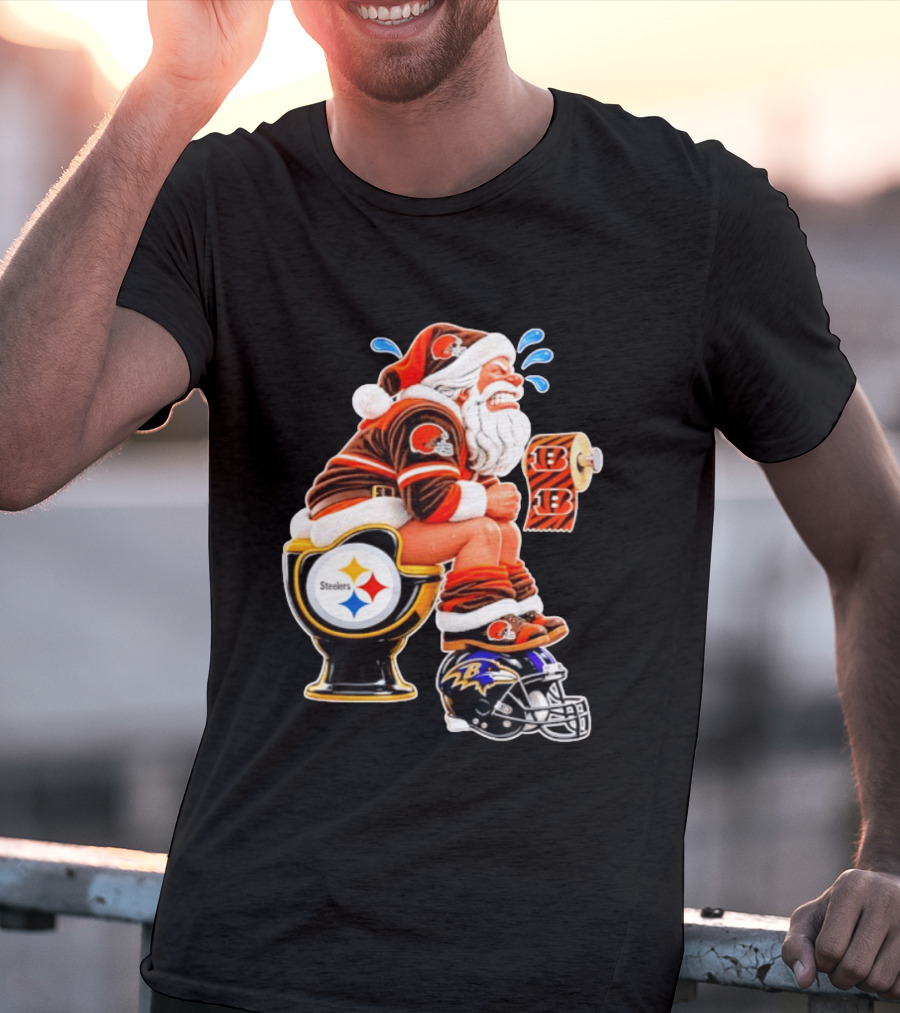 Santa Claus Cleveland Browns Toilet Sitting Steelers Ravens Bengals Meme T-Shirt