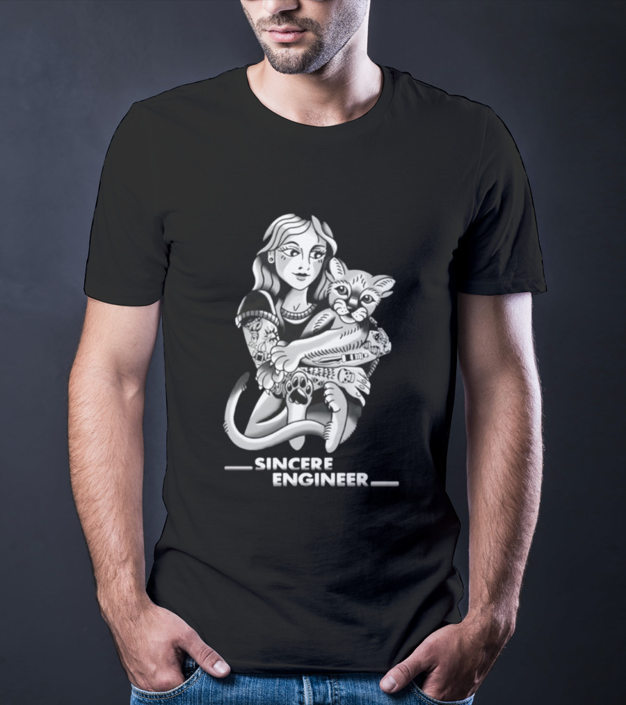 Sincere Engineer Punk Alternative Tattooed Girl Hugging Cat T-Shirt