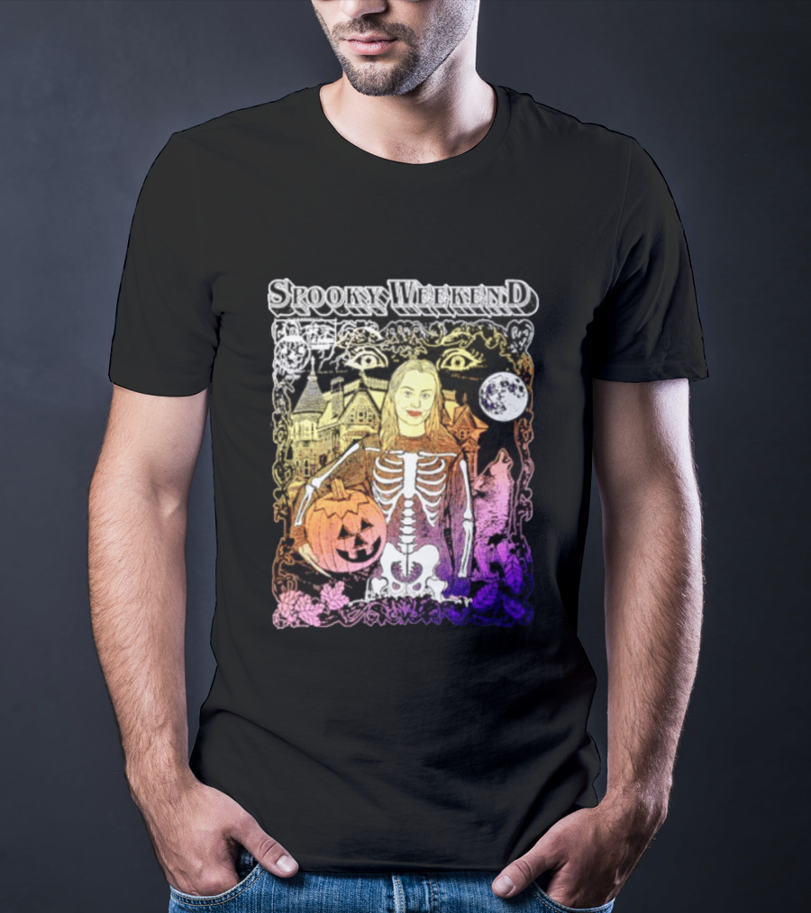 Spooky Weekend Skeleton Pumpkin Haunted House Halloween Magic Moonlit Night T-Shirt