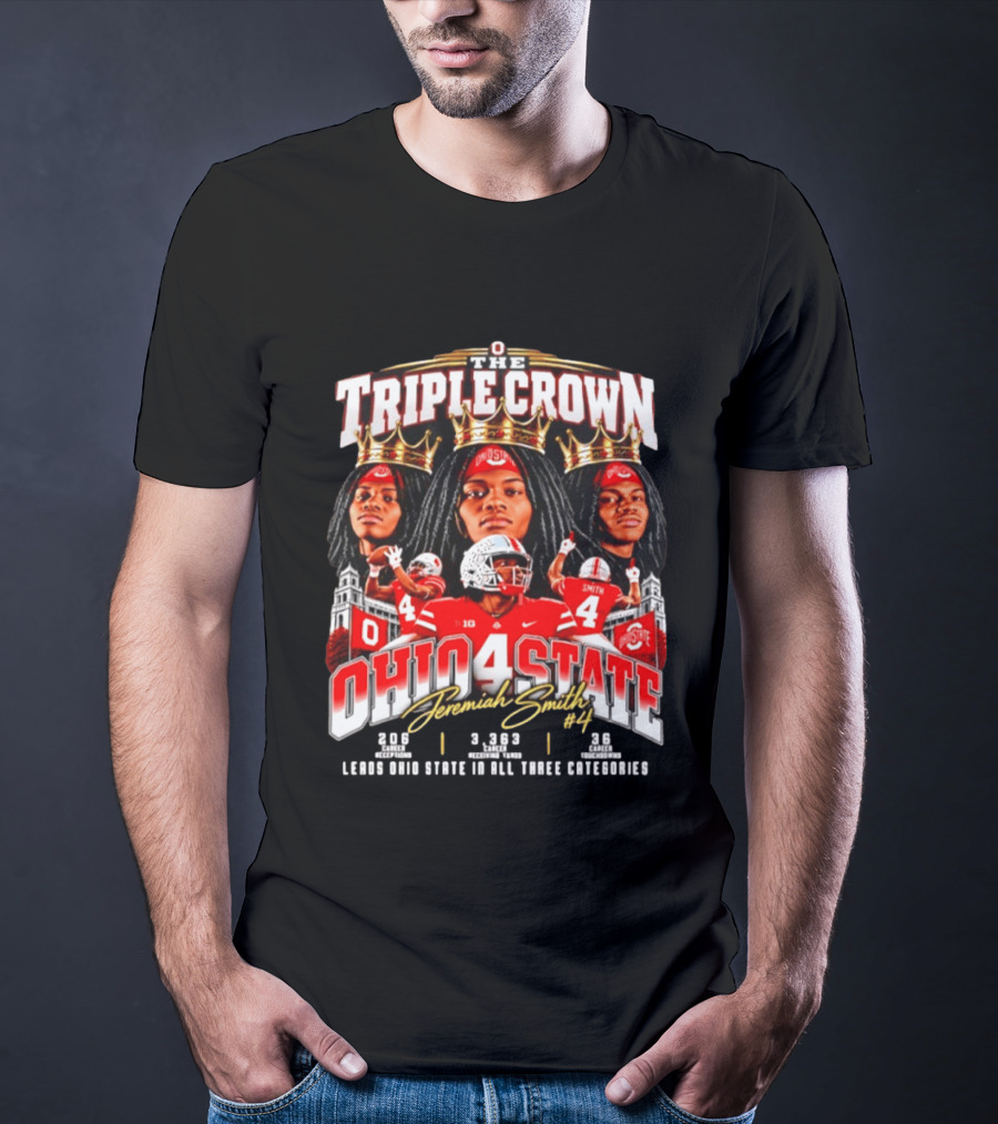 Ohio State Buckeyes Jeremiah Smith #4 The Triple Crown Leading In All Three Categories T-Shirt