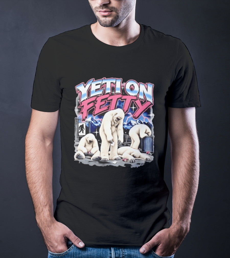 Yeti On Fetty Bigfoot Snowy Mountain Scene T-Shirt