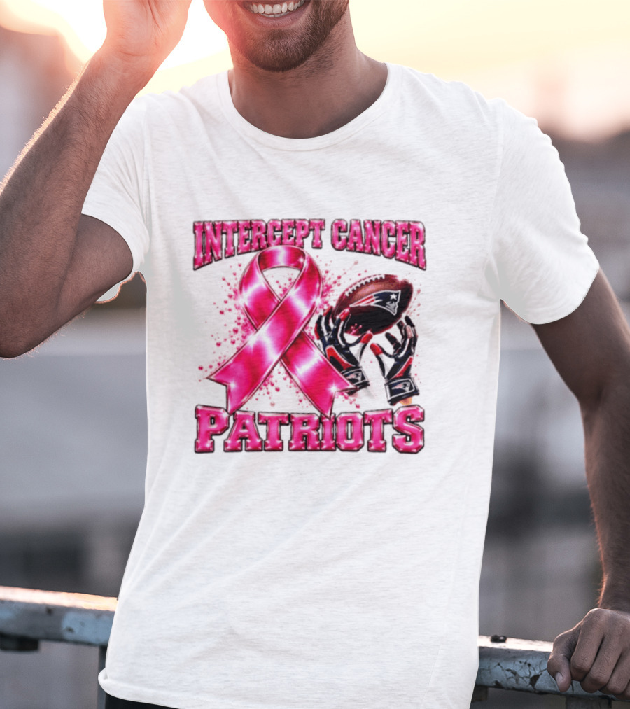 Intercept Cancer New England Patriots 2026 Football Gloves Pink Ribbon Awareness T-Shirt