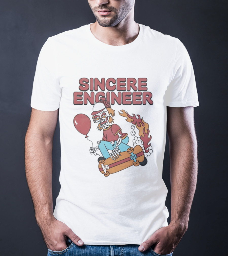 Sincere Engineer Skeleton Skateboarder With Balloon And Flaming Wheels T-Shirt