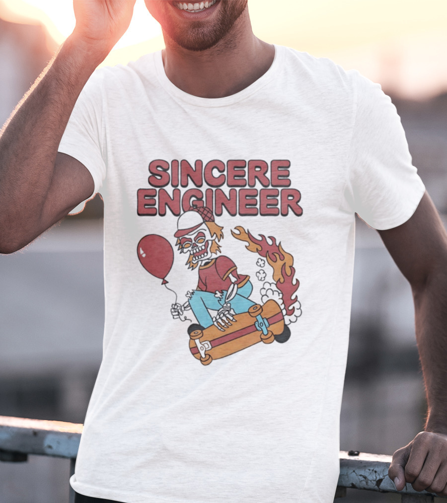 Sincere Engineer Skeleton Skateboarder With Balloon And Flaming Wheels T-Shirt